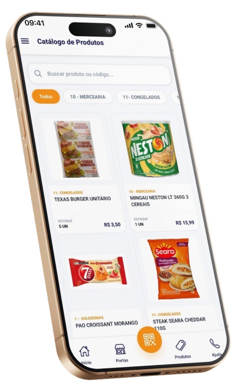 App Meu Mercado mostrando o catálogo da loja
