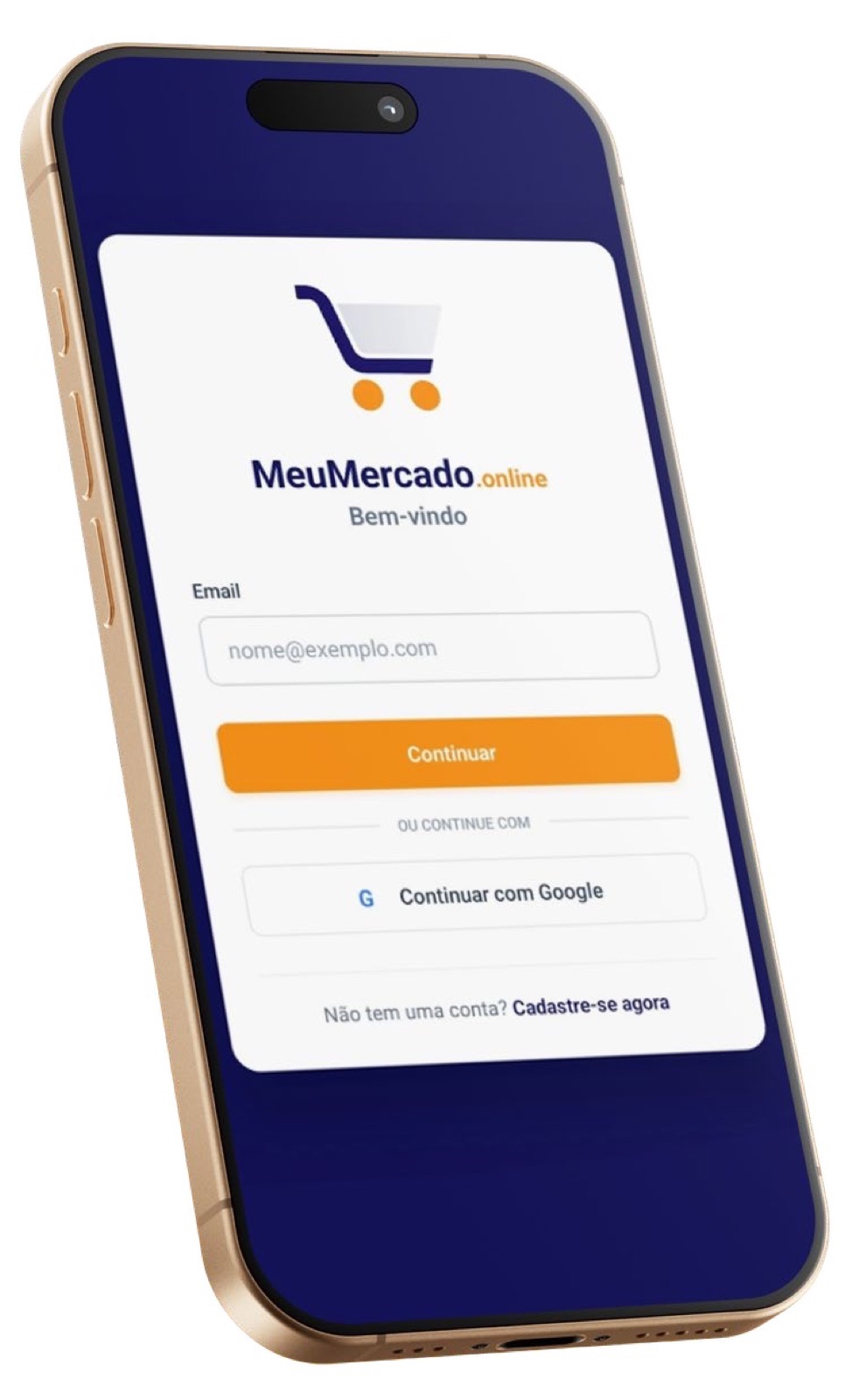 Tela de entrada do app Meu Mercado no celular