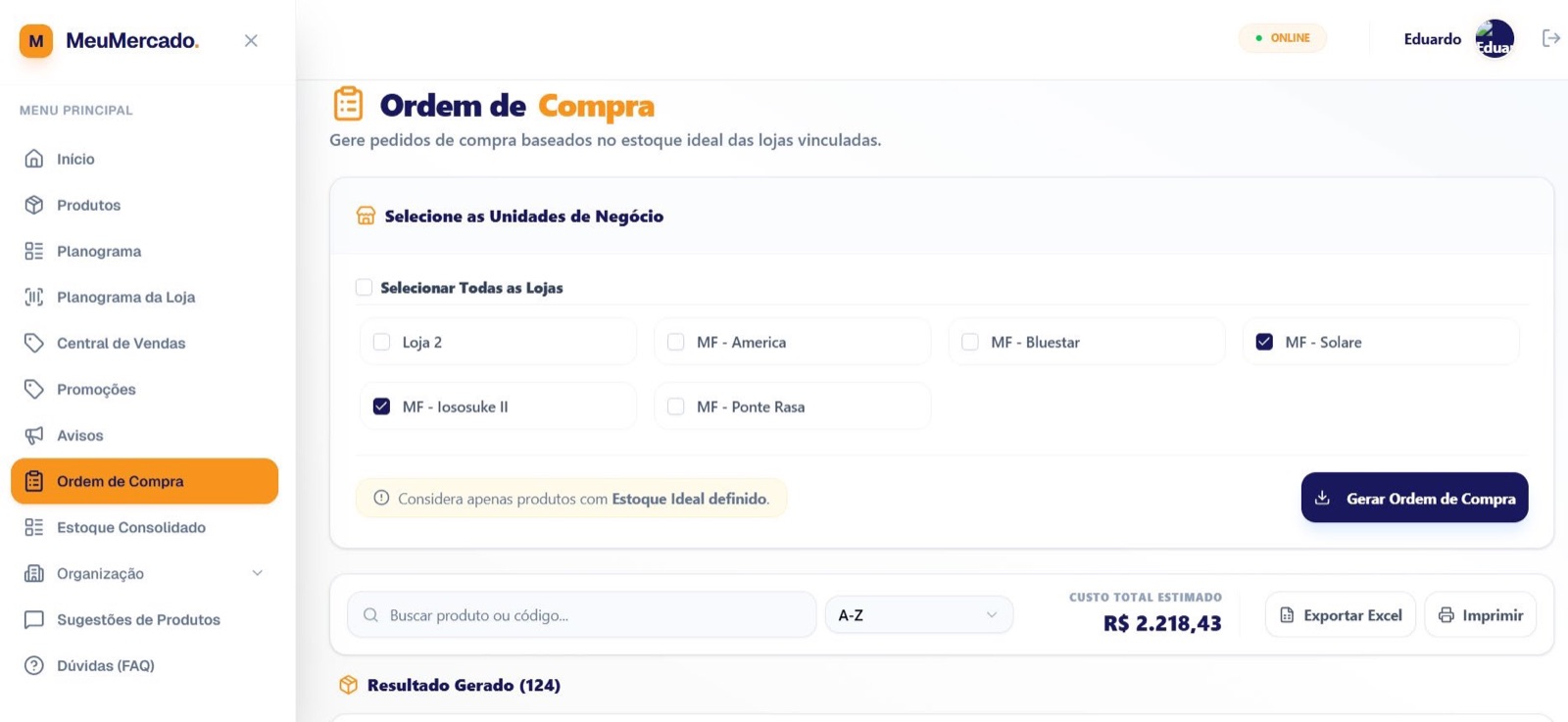 Sistema de gestão mostrando ordem de compra