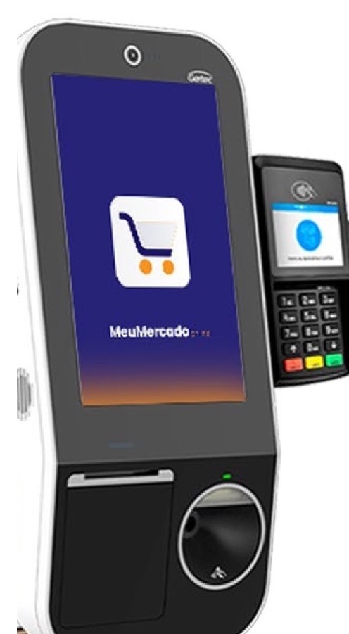 Totem de autoatendimento Gertec com maquininha acoplada